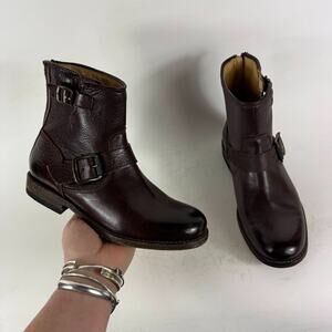 Frye Tyler Engineer Boots Women's 6.5 Brown Leather Zip Ankle Strap Booties